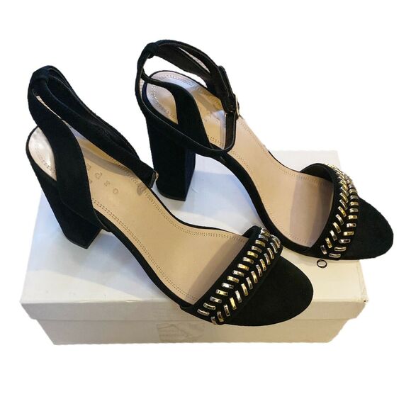 SANDRO PARIS Black Suede Sandals Gina Block Heels Studded Detail 40 / 9-9.5 NWB - Picture 2 of 11